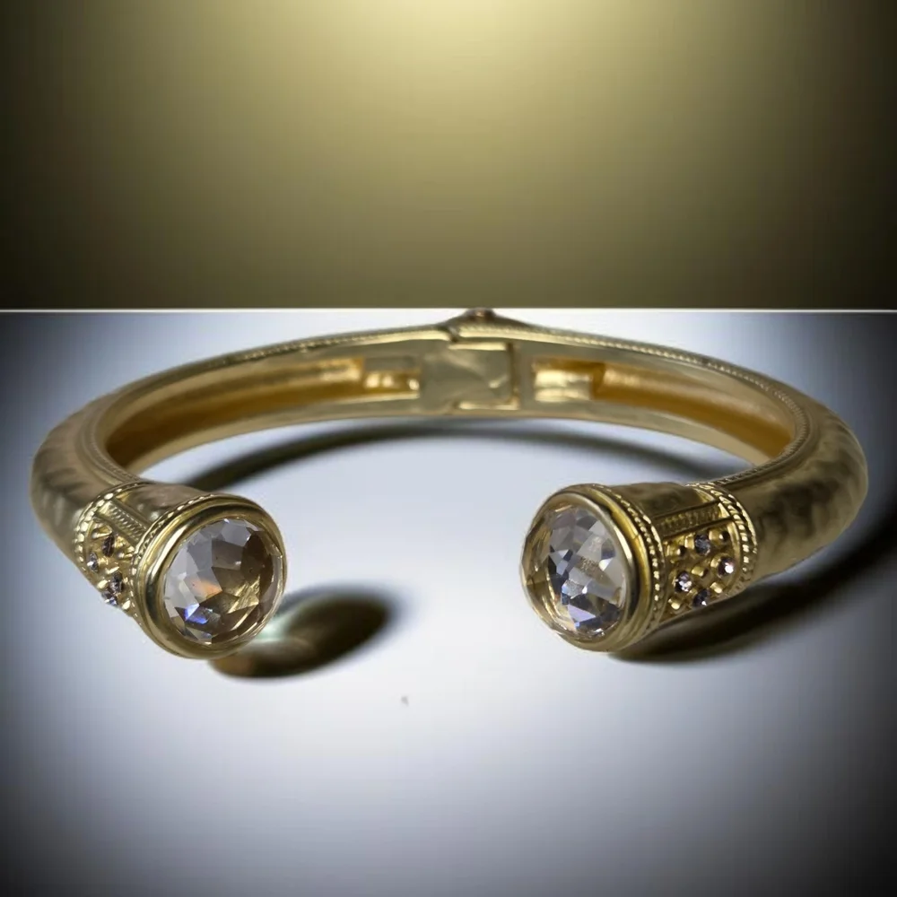14k Matte Gold Plated Hydro Quartz Crystal Chunky Hinged Bangle Bracelet
